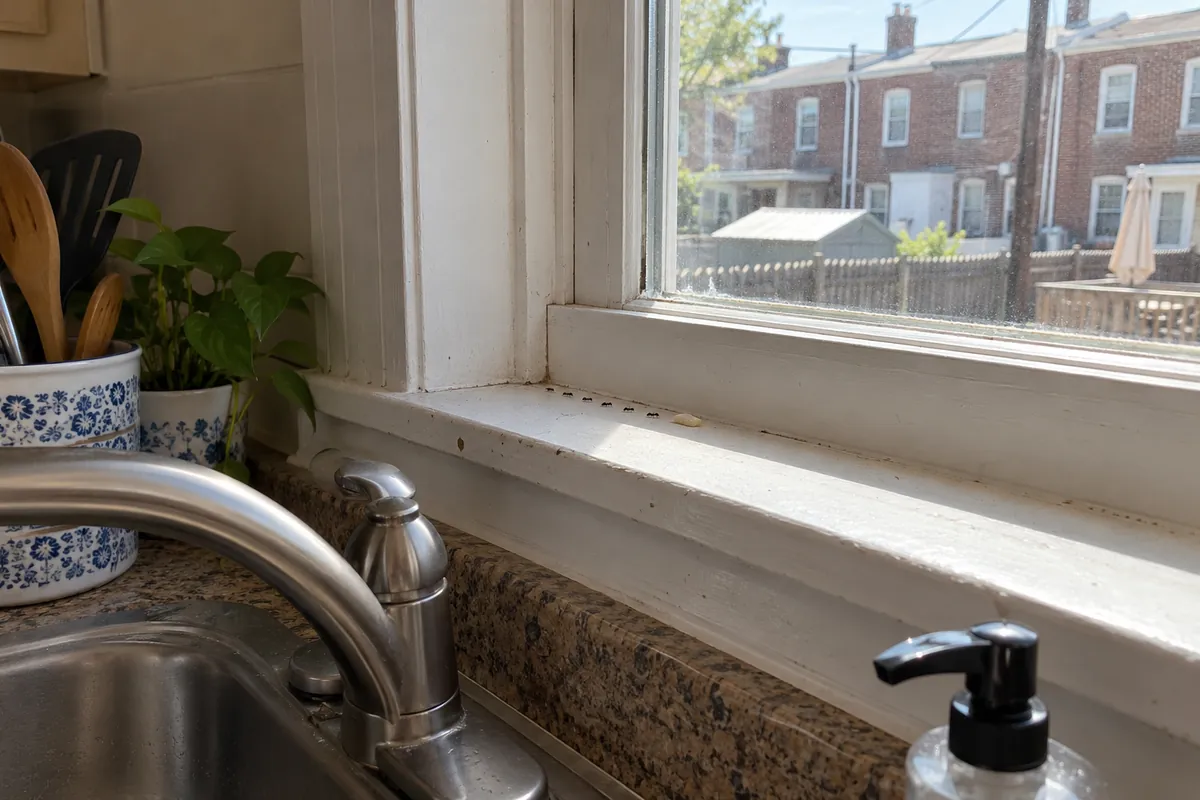 Kitchen windowsill beside a sink where ants travel, ant control in Menifee, CA