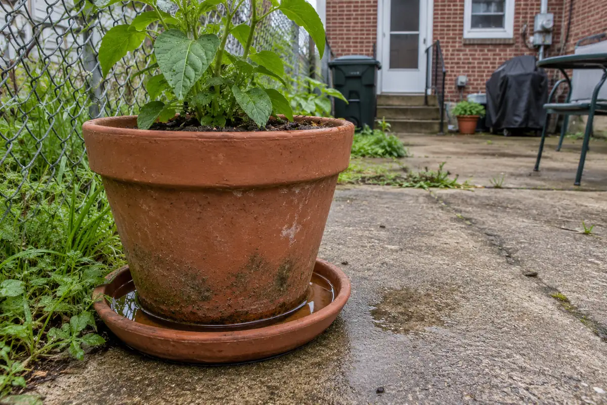 Potted plant with a saucer of standing water on a patio, mosquito control in Menifee, CA