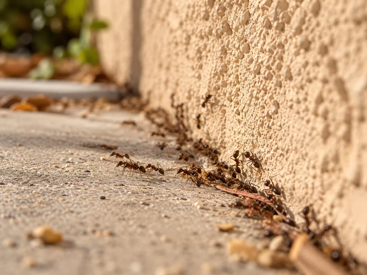 Ant trail beside an exterior wall