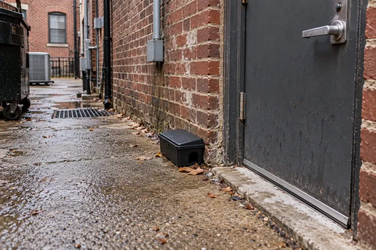 Rodent bait station beside a metal door in a brick alley, rodent control in Menifee, CA