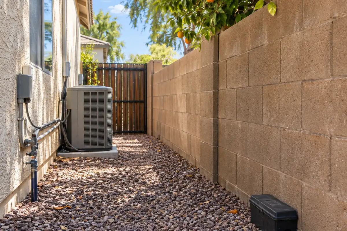 Condenser and a bait station on gravel along a block wall, spider control in Menifee, CA